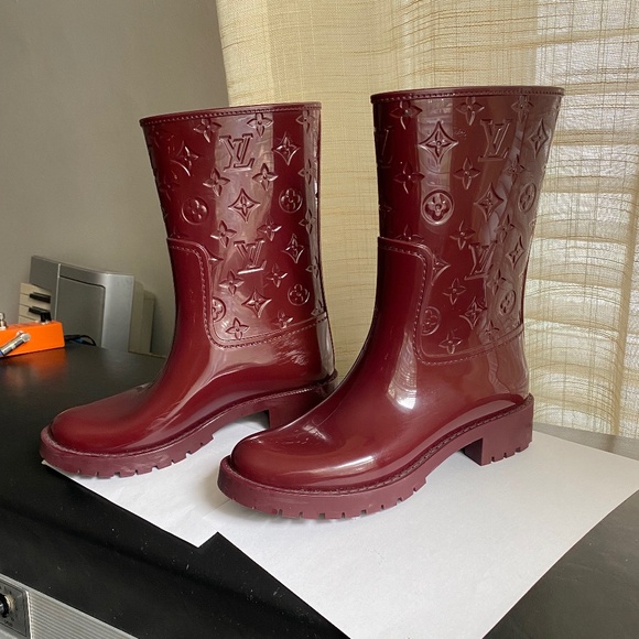 Louis Vuitton burgundy rubber half rain boots rainboot 38 monogr logo drops flat - Picture 1 of 13